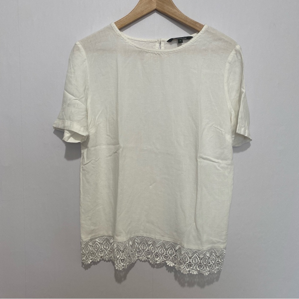 Bonmarche White Short Sleeve Top Size 14 Linen Blend Lace Hem Blouse Top